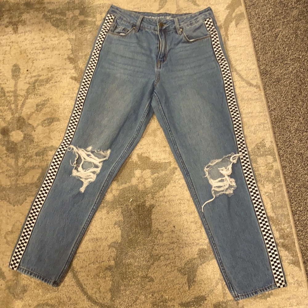 Empyre Eileen Checkerboard Striped Light Wash Mom Jeans